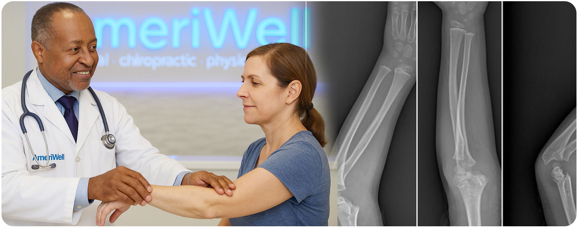Orthopedic specialist examining a patient’s arm at AmeriWell Clinics, with diagnostic X-ray images displayed for accurate injury assessment.