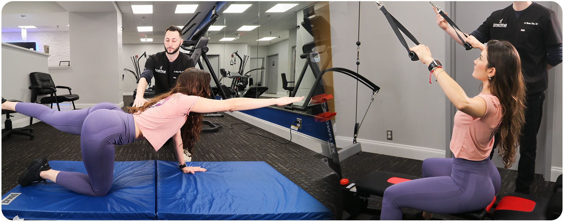 Patient performing guided physical therapy exercises with a specialist at AmeriWell Clinics, focusing on strength, balance, and recovery.
